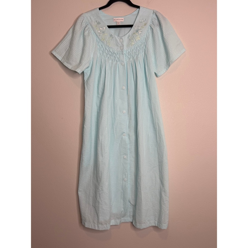 Miss Elaine Seersucker Nightgown Blue White Striped Floral Smocked S